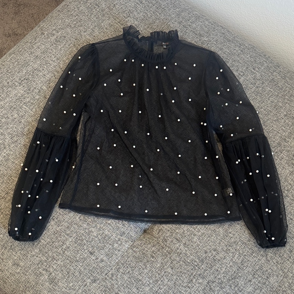 Black Sheer Blouse with White Polka Dot Pearls